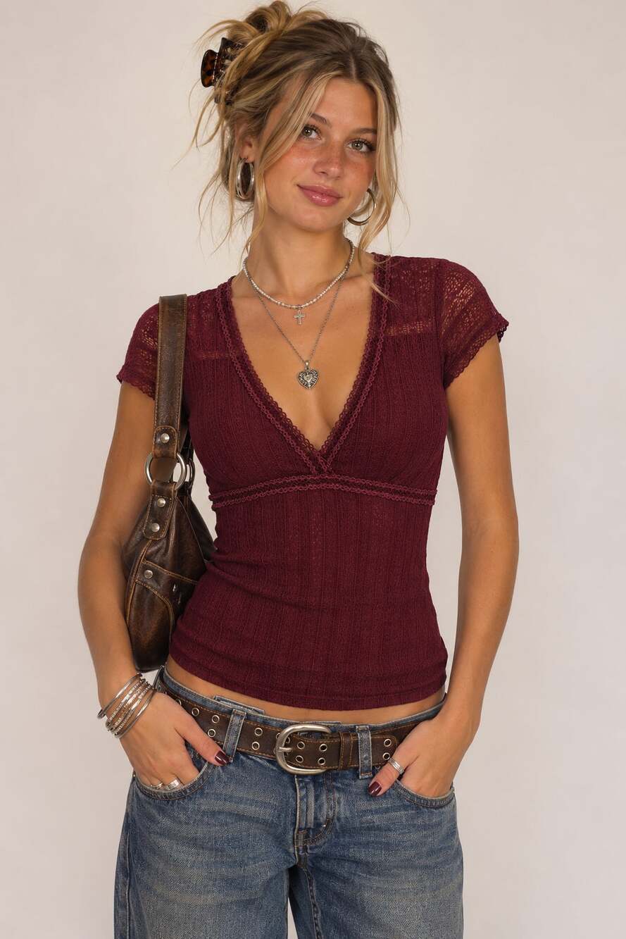 Vintage 90s Y2K Babydoll Lace Sheer Top Small Burgundy Dark Fairy Tee Grunge